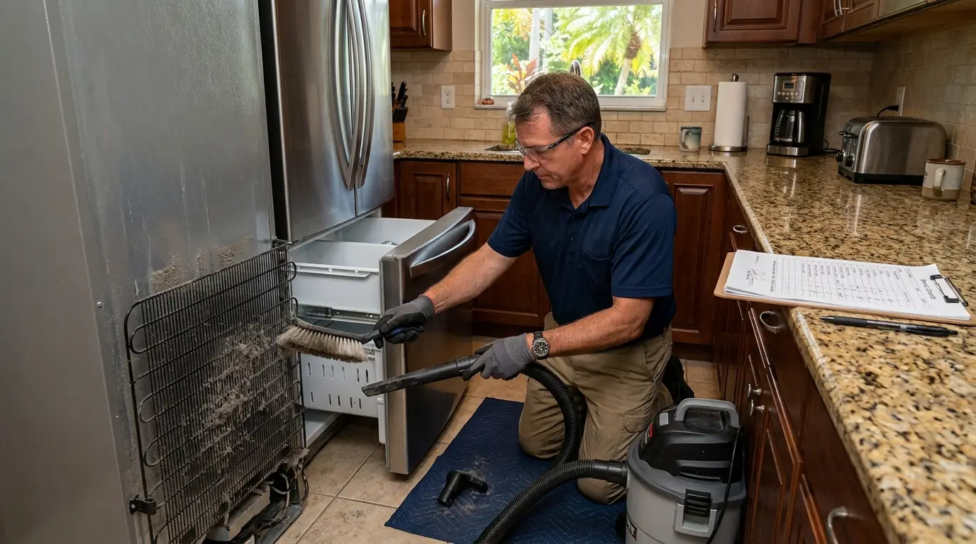technician cleaning refrigerator condenser coils with a brush and vacuum while a checklist sits on the counter, Tampa Florida kitchen, photorealistic