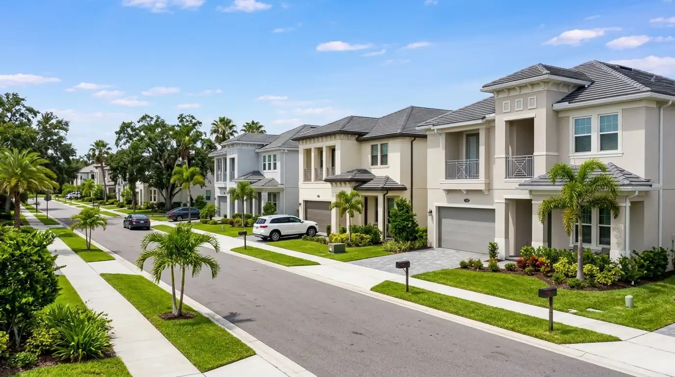 newly built two story stucco homes on a Tampa Florida suburban street, sidewalks and young palms, photorealistic