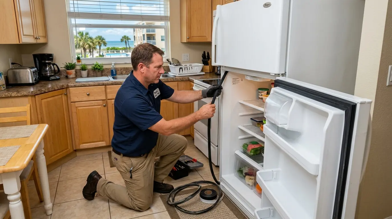 technician replacing a refrigerator door gasket in a coastal rental apartment kitchen in Clearwater Florida, photorealistic