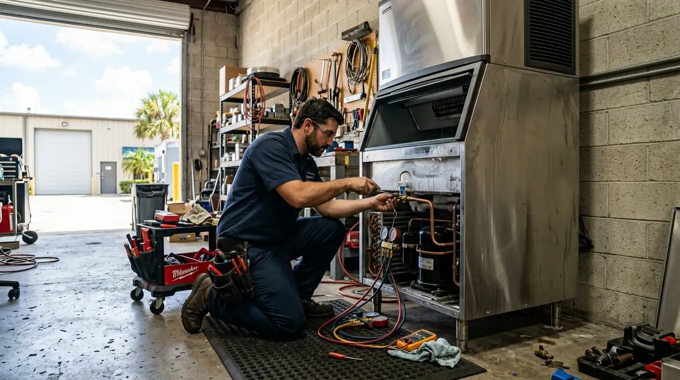 technician servicing a commercial ice machine inside a small light industrial unit near Drew Park Tampa Florida, photorealistic