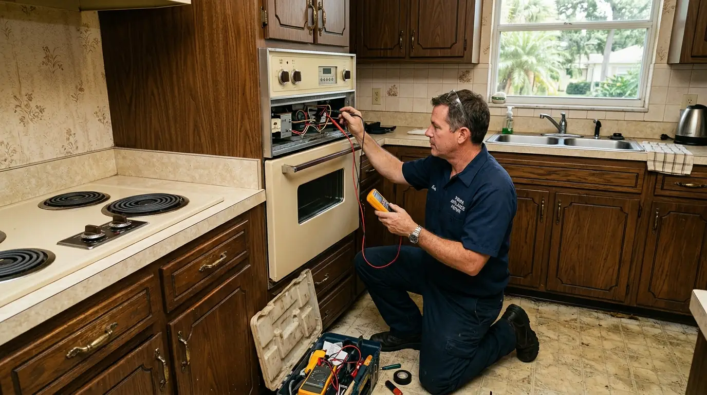 technician testing an original built in wall oven and cooktop pair in a 1980s planned subdivision kitchen in Northdale Tampa Florida, photorealistic