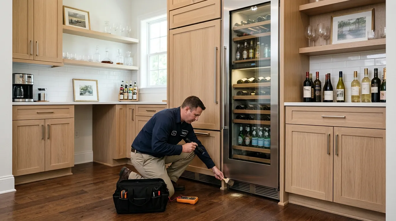 built in refrigerator and beverage center side by side in a butler pantry of a New Tampa Florida home with a technician checking the vent grilles, photorealistic