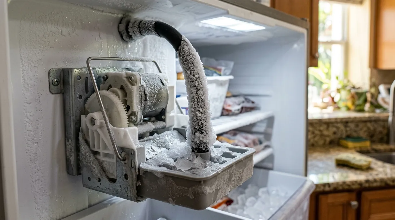 close view of a refrigerator ice maker assembly with frost on the fill tube, Tampa Florida kitchen, photorealistic