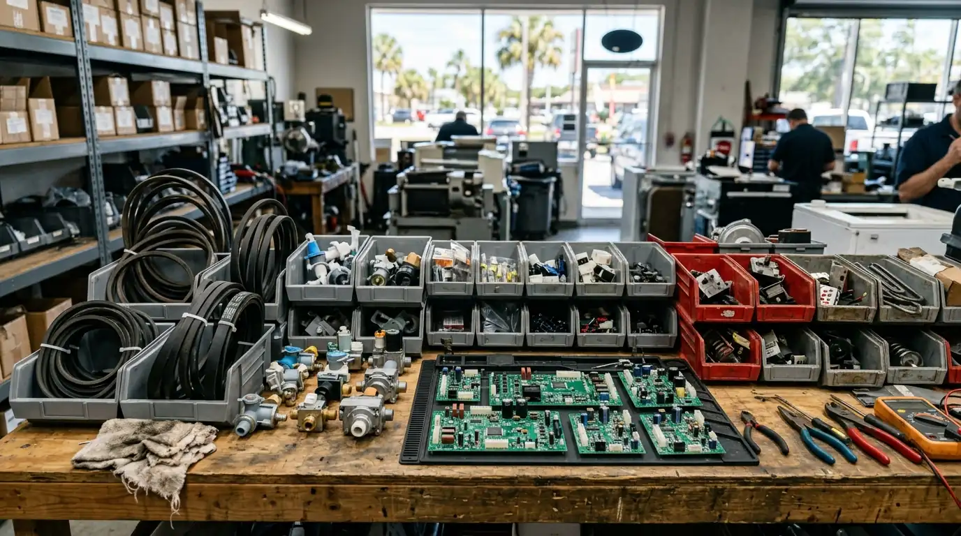organized appliance parts on a workbench including belts, valves and control boards, Tampa Florida service shop, photorealistic
