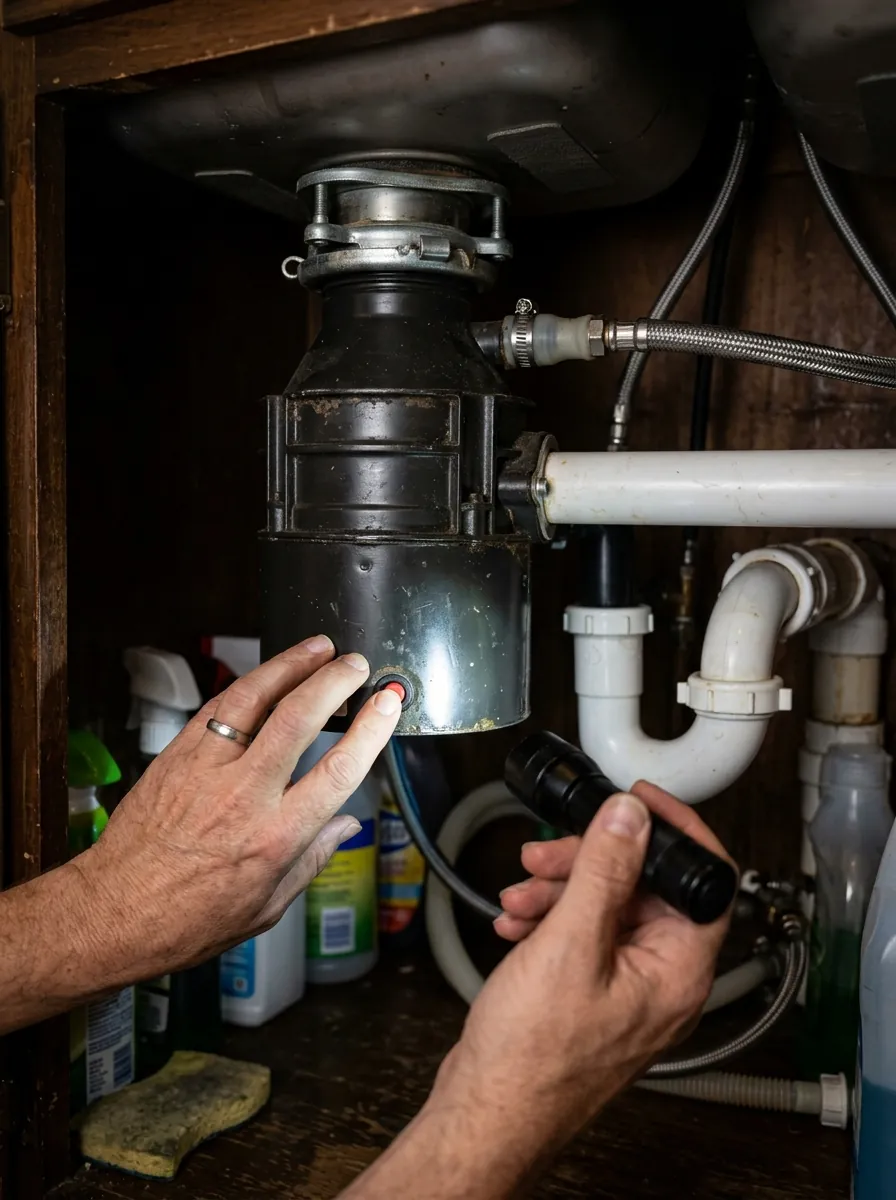close view of hands resetting a garbage disposal unit under a Tampa Florida kitchen sink, flashlight lighting the cabinet, photorealistic