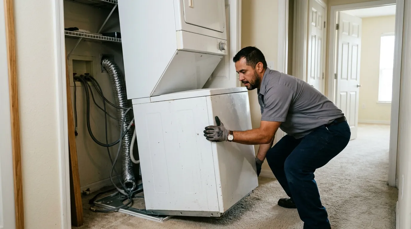technician easing a stacked washer dryer unit forward out of a narrow hallway closet in a Tampa Florida condo, photorealistic