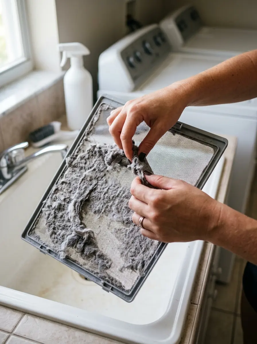 close view of a dryer lint screen being cleaned, Tampa Florida home, editorial blog thumbnail, photorealistic
