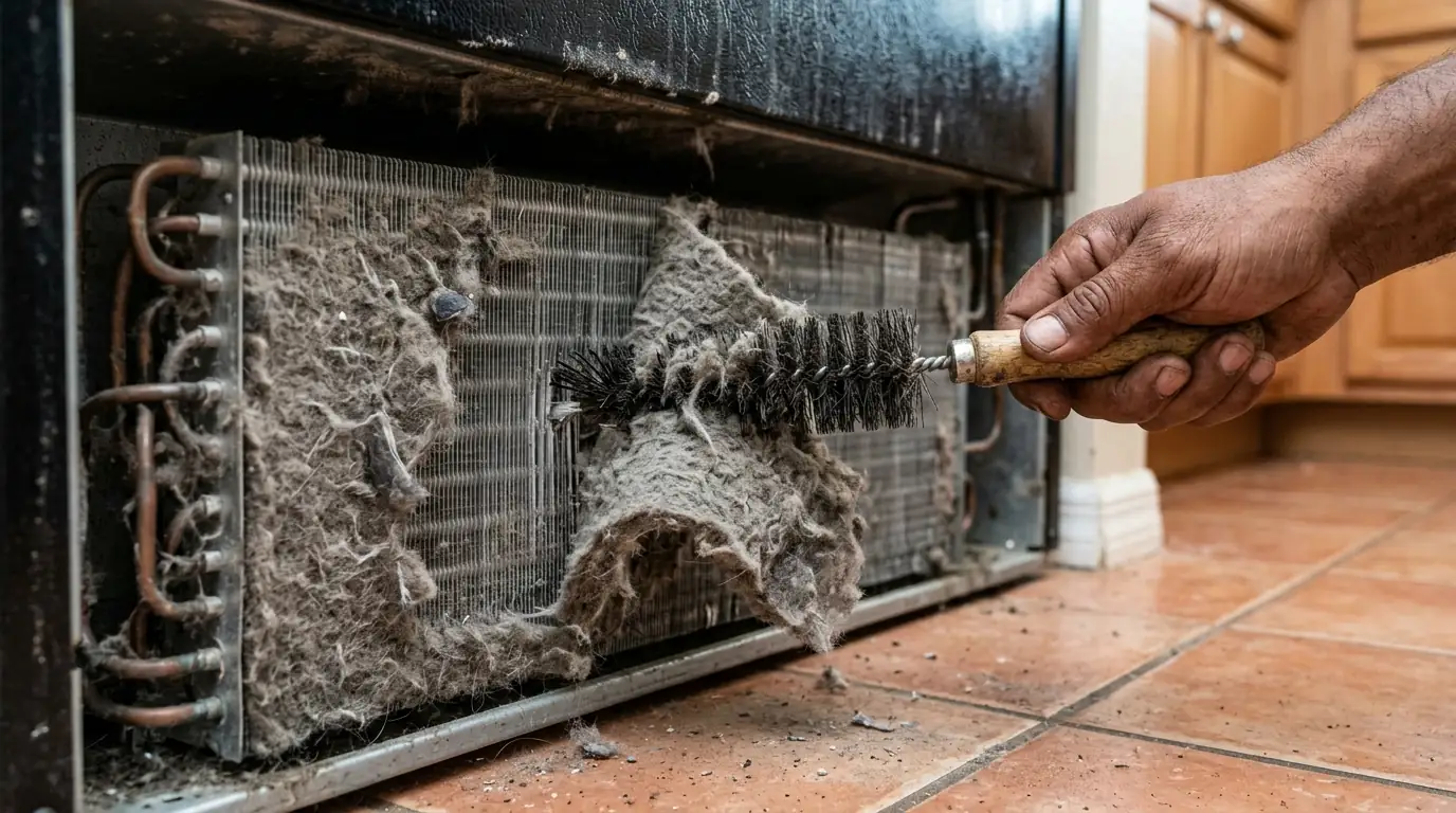 close view of a felt like mat of dust packed onto refrigerator condenser fins being lifted away with a coil brush, Tampa Florida kitchen, photorealistic