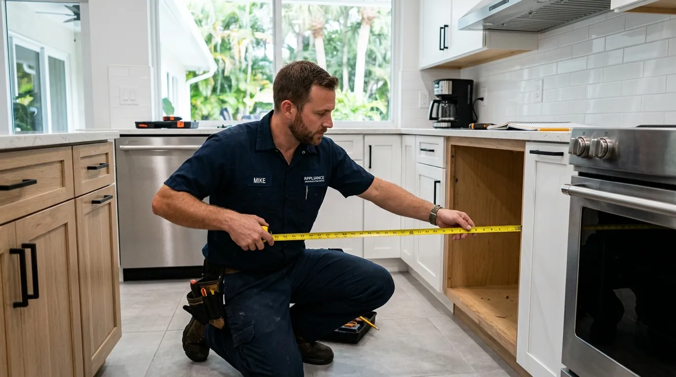 technician measuring a compact appliance cutout in the kitchen of a villa in Largo Florida, tape measure in use, photorealistic