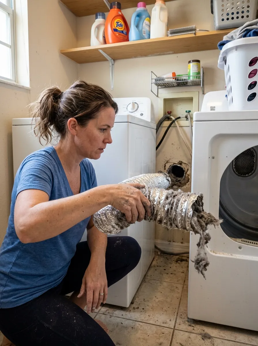 flexible dryer duct being pulled from a wall with lint buildup visible, Tampa Florida home laundry area, photorealistic