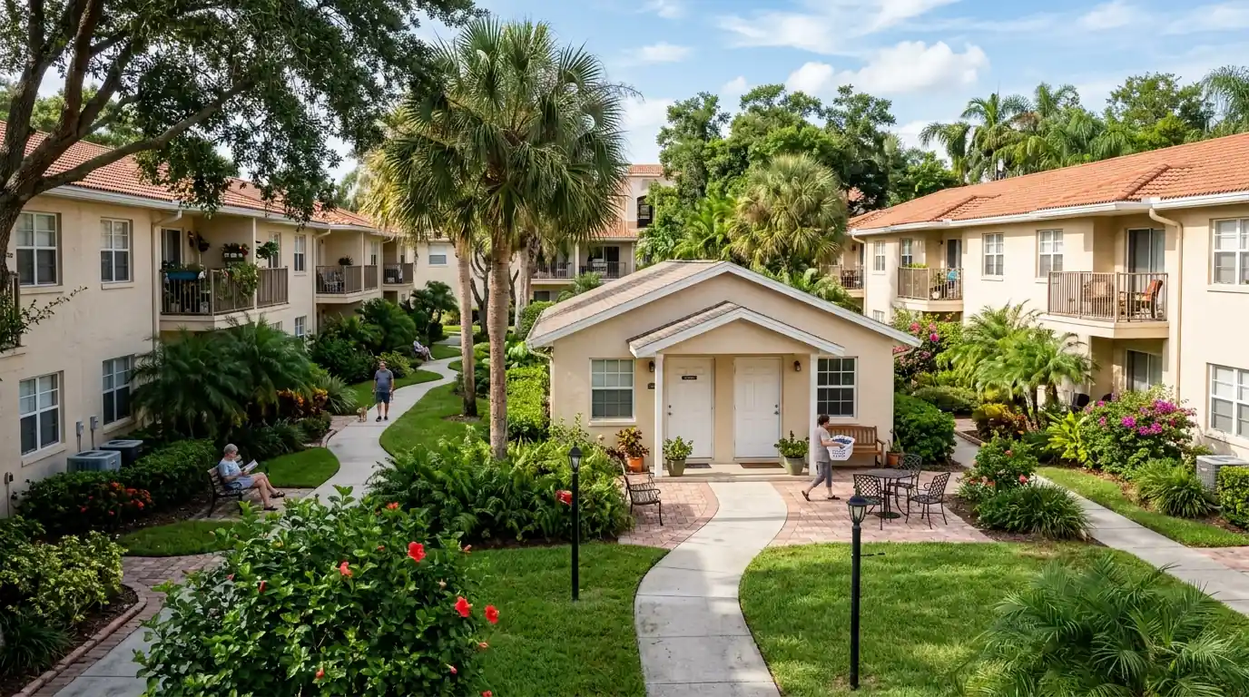 garden apartment complex courtyard in Tampa Florida with a shared laundry building, photorealistic