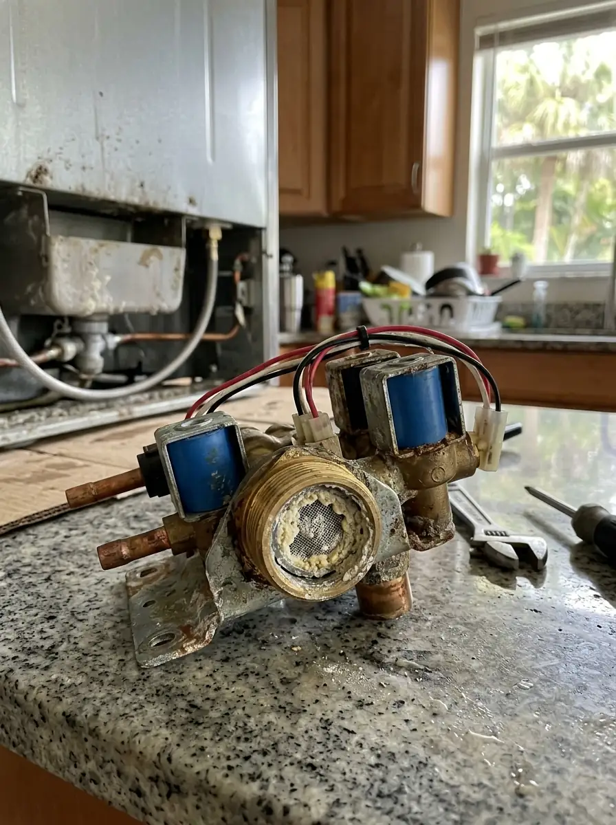 close view of a refrigerator water inlet valve removed from the rear of a side by side unit with scale on the inlet screen, Tampa Florida kitchen, photorealistic