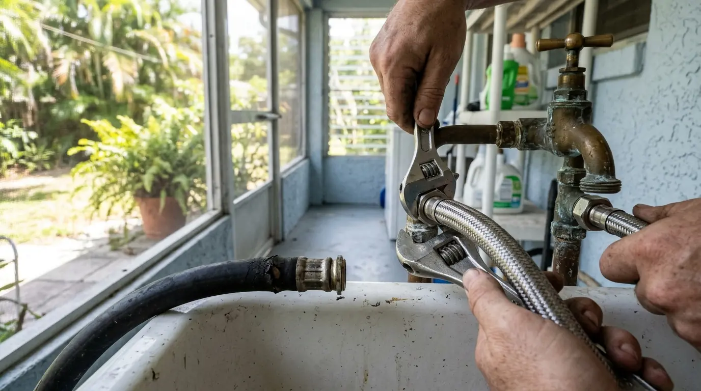 close view of aged rubber washer fill hoses being replaced with braided stainless lines on an enclosed side porch in Tampa Florida, photorealistic