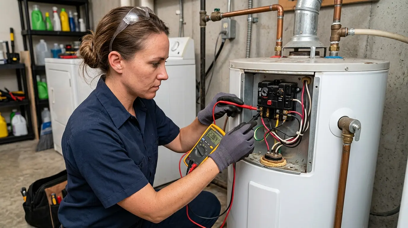 close view of a technician testing a water heater upper thermostat with a multimeter, access panel removed, Tampa Florida utility area, photorealistic