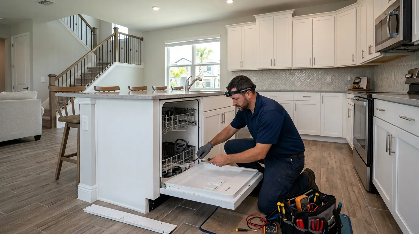 technician servicing a builder grade dishwasher in a newly built two story home kitchen in Riverview Florida, photorealistic