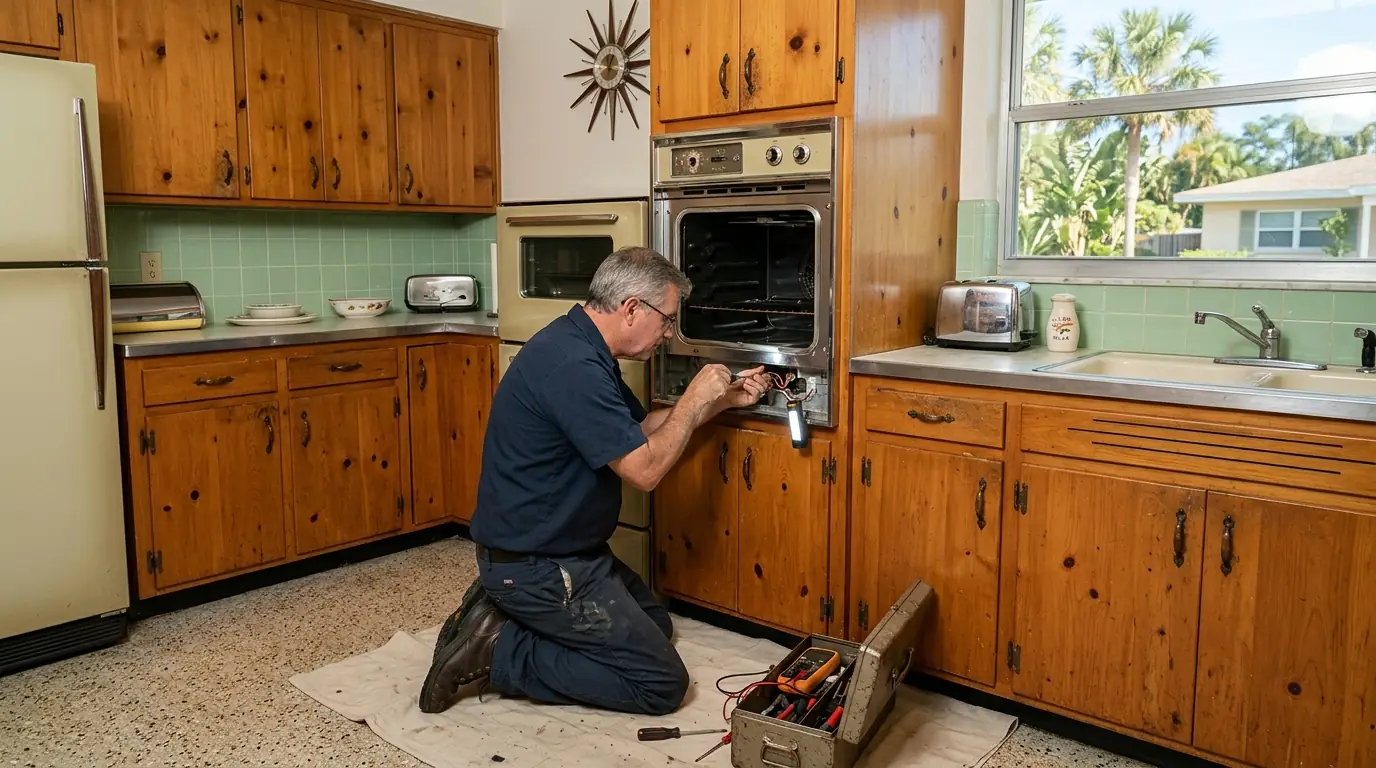 technician servicing an original 1960s built in wall oven in a mid century ranch kitchen in Temple Terrace Florida, photorealistic