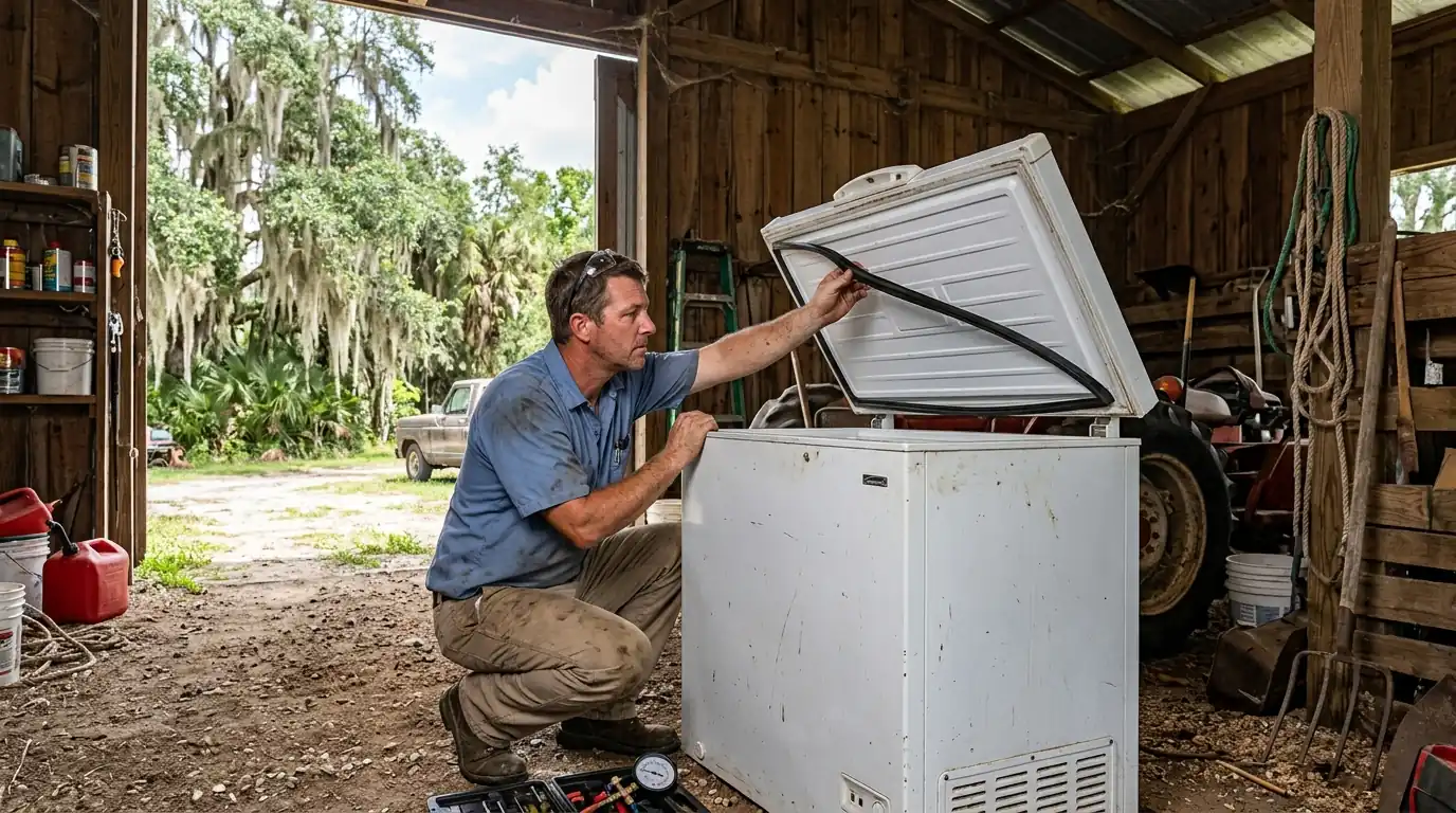 chest freezer standing in an unconditioned barn outside Plant City Florida with a technician checking the lid gasket, photorealistic