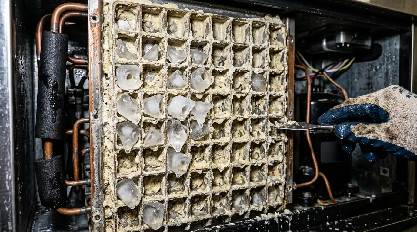 close view of an ice machine evaporator plate with scale buildup and partially formed cubes, Tampa Florida service visit, photorealistic