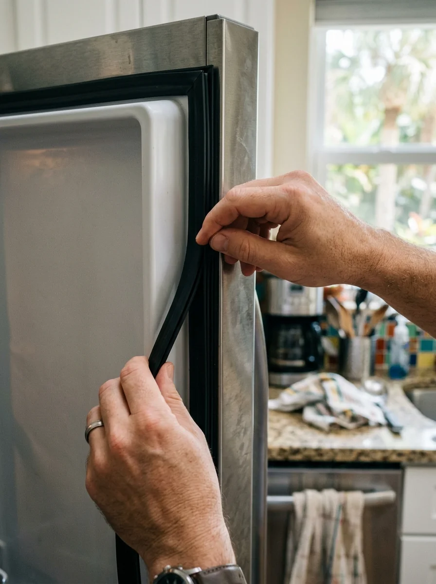 close view of hands fitting a new door gasket to a stainless refrigerator in a Tampa Florida kitchen, photorealistic
