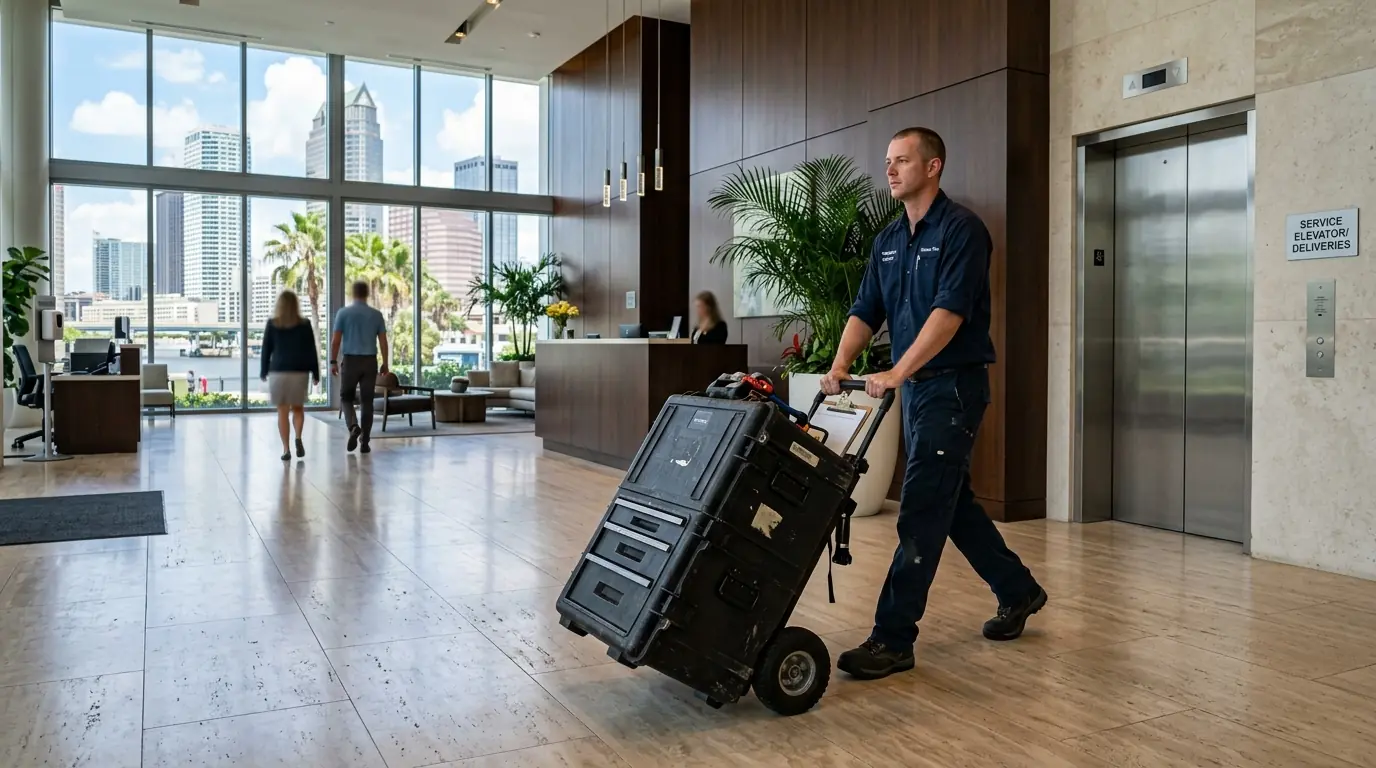 technician wheeling a parts case through the lobby of a downtown Tampa Florida high rise condominium toward the service elevator, photorealistic