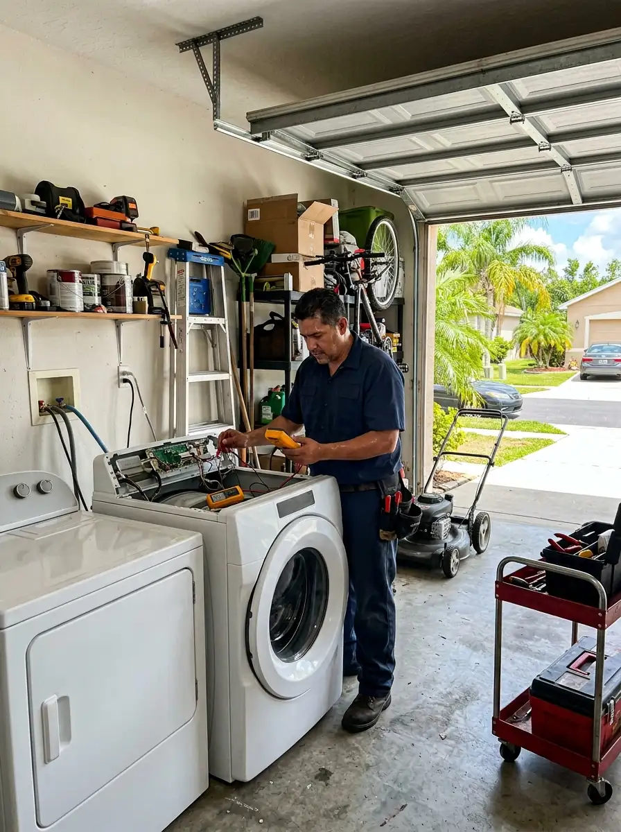 washer and dryer in a hot suburban garage in Brandon Florida with a technician testing the control panel, garage door open, photorealistic
