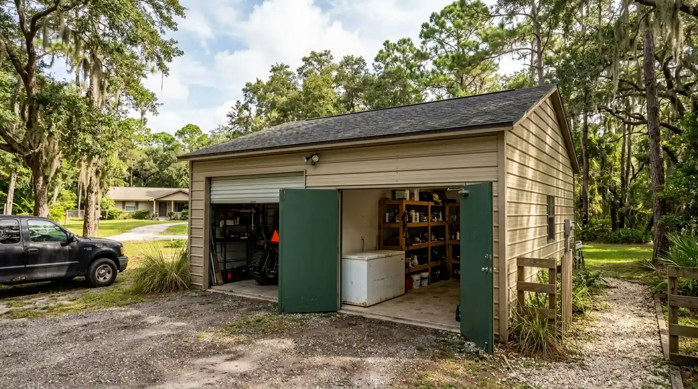 rural property outside Tampa Florida with a detached garage and a chest freezer visible through the open door, photorealistic