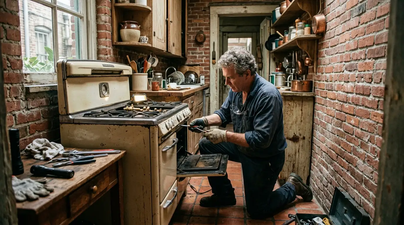technician working on a vintage gas range inside a narrow brick casita kitchen in Ybor City Tampa Florida, photorealistic