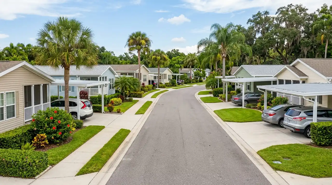 well kept manufactured home community street in the Tampa Florida area with carports and neat landscaping, photorealistic