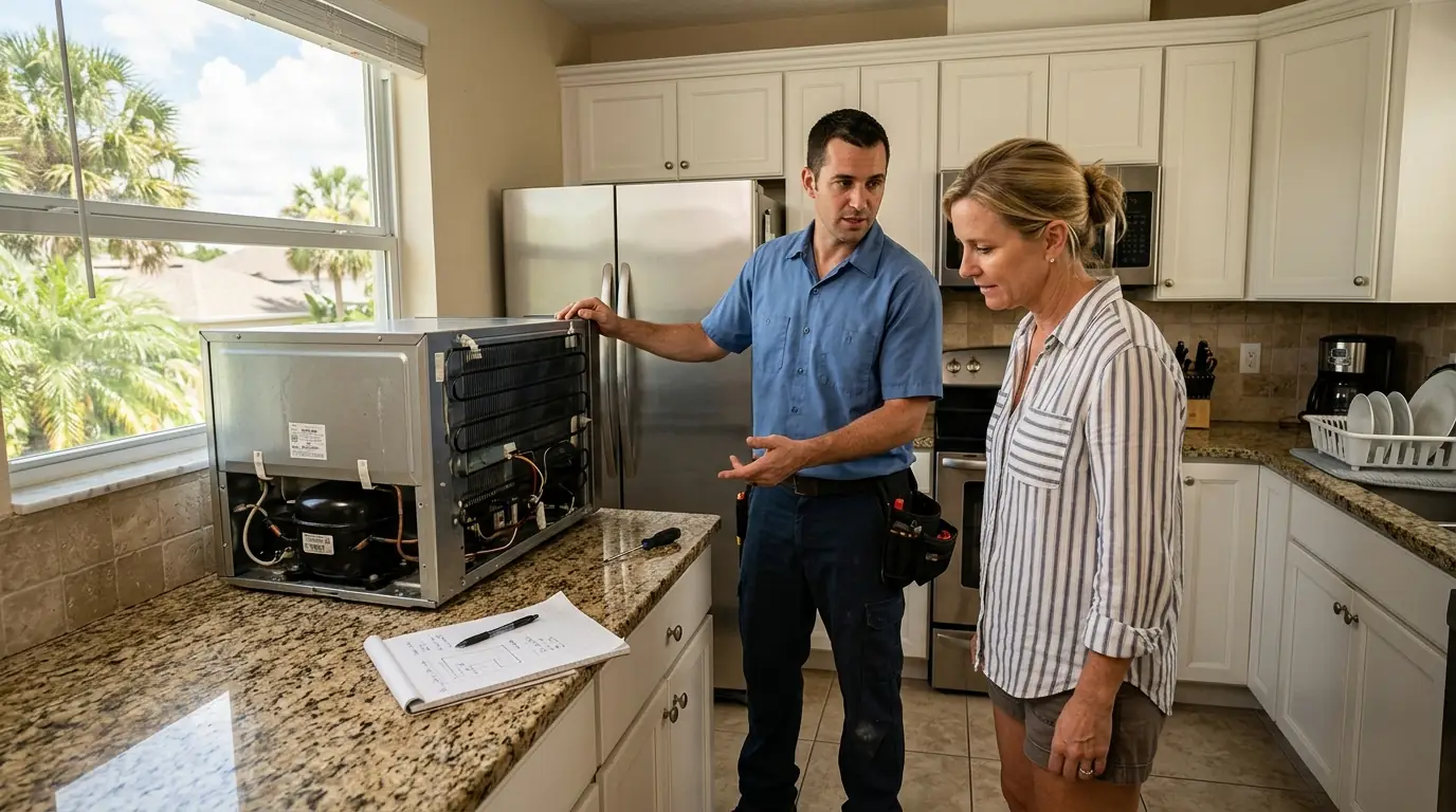 technician and homeowner discussing an opened appliance beside a notepad in a Tampa Florida kitchen, photorealistic