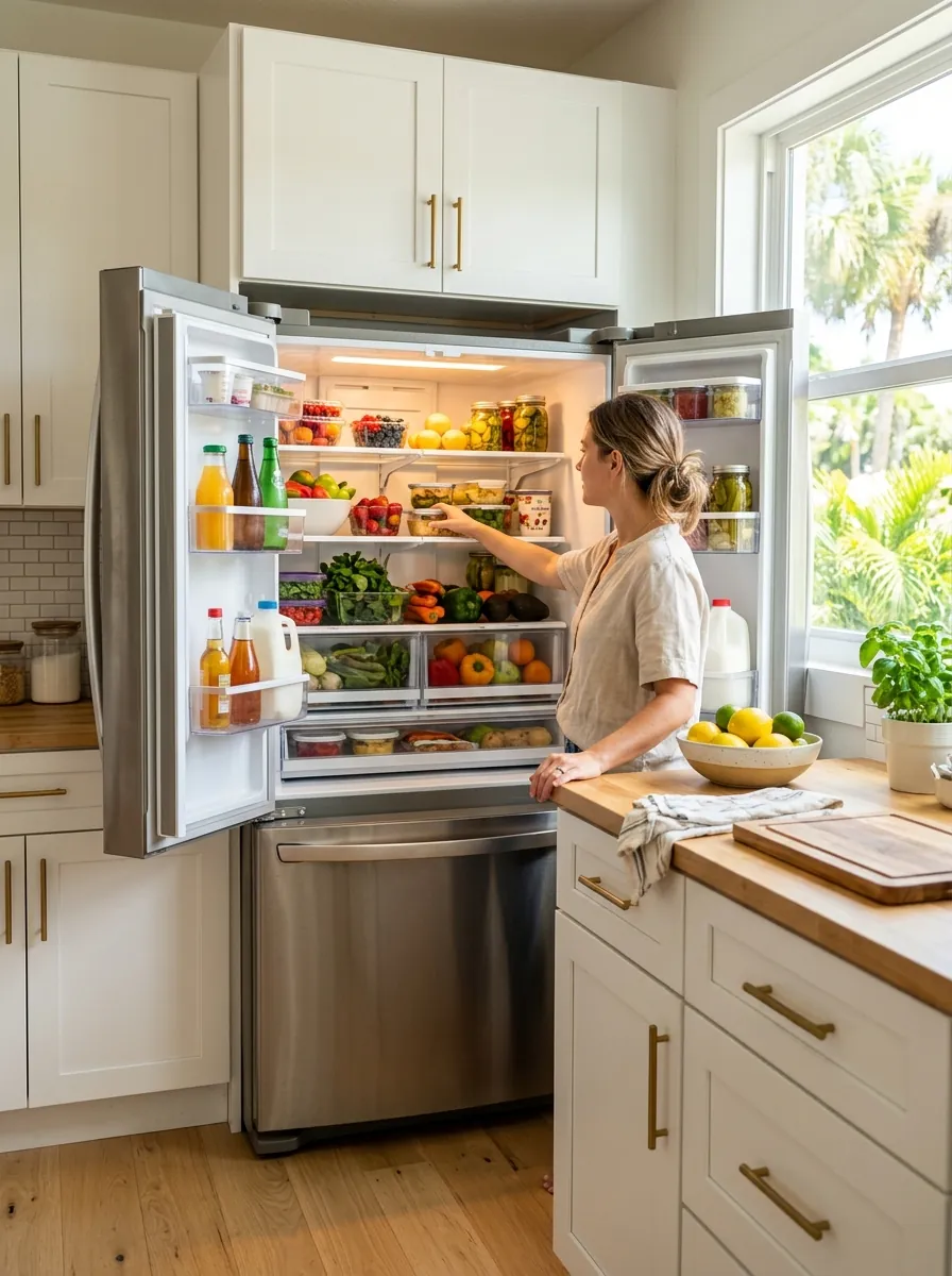 stainless refrigerator door open in a bright Tampa Florida kitchen, editorial blog thumbnail, photorealistic