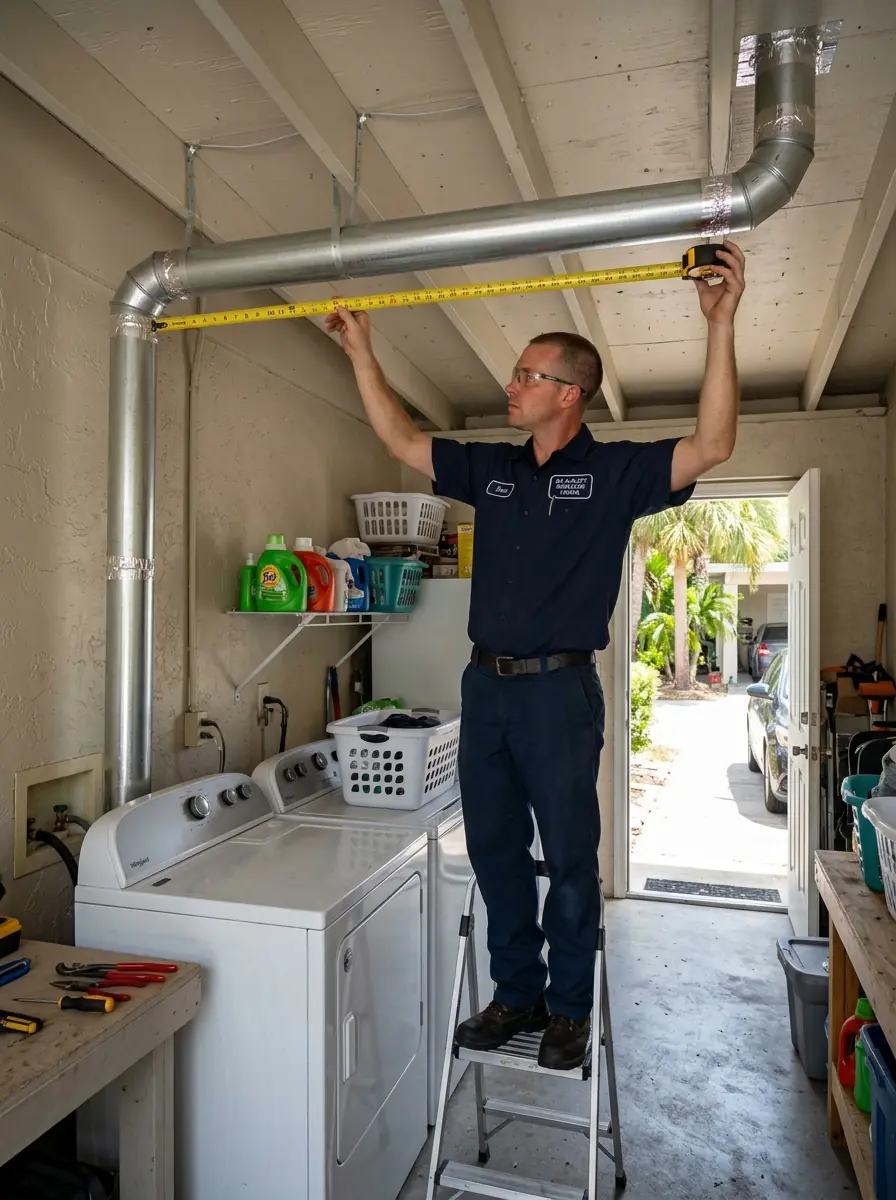 technician measuring a long dryer duct run with two elbows above an enclosed carport laundry room in Tampa Florida, photorealistic