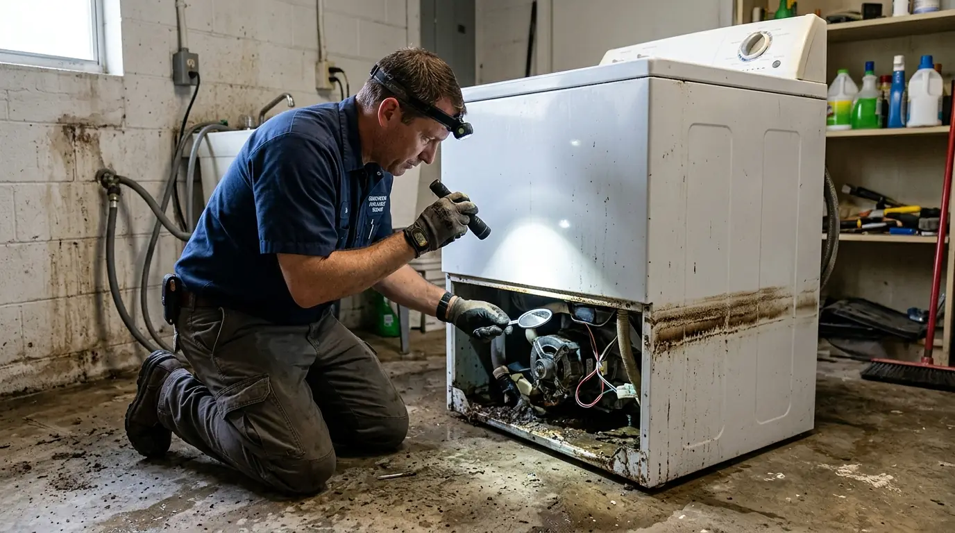 technician inspecting the base of a washing machine with a visible water line mark on the cabinet after storm flooding in Gibsonton Florida, photorealistic