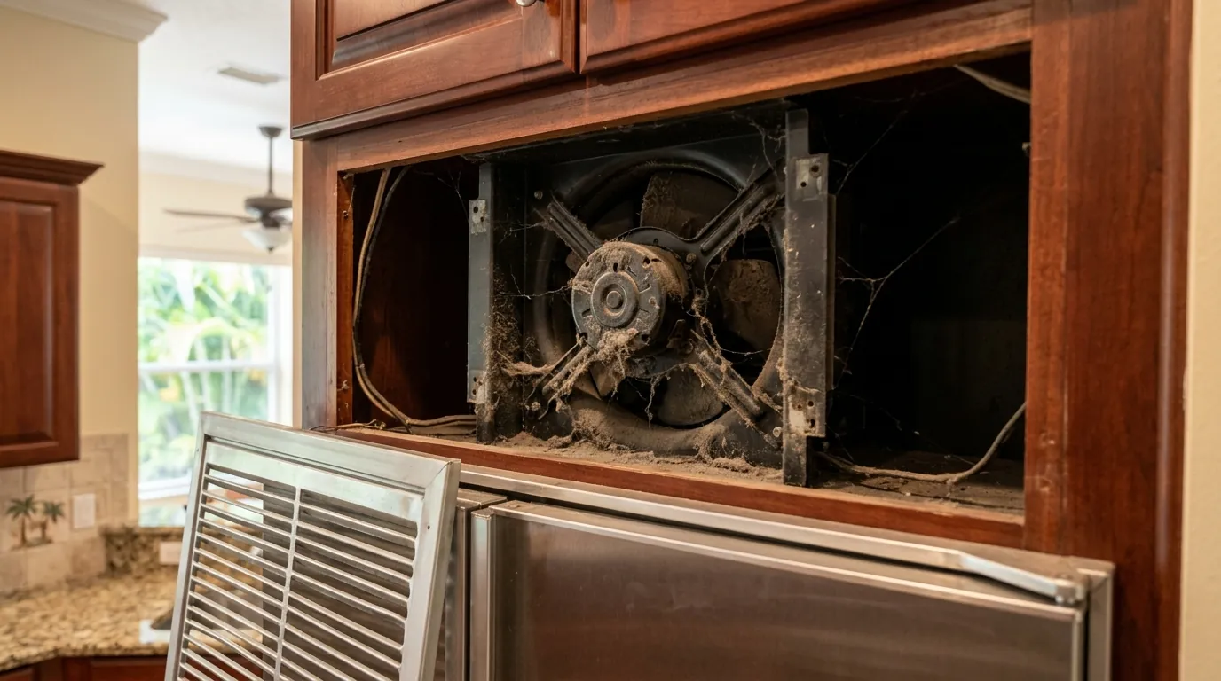 close view of the upper grille of a built in refrigerator removed showing a dust loaded condenser and fan inside the cabinetry, Tampa Florida kitchen, photorealistic