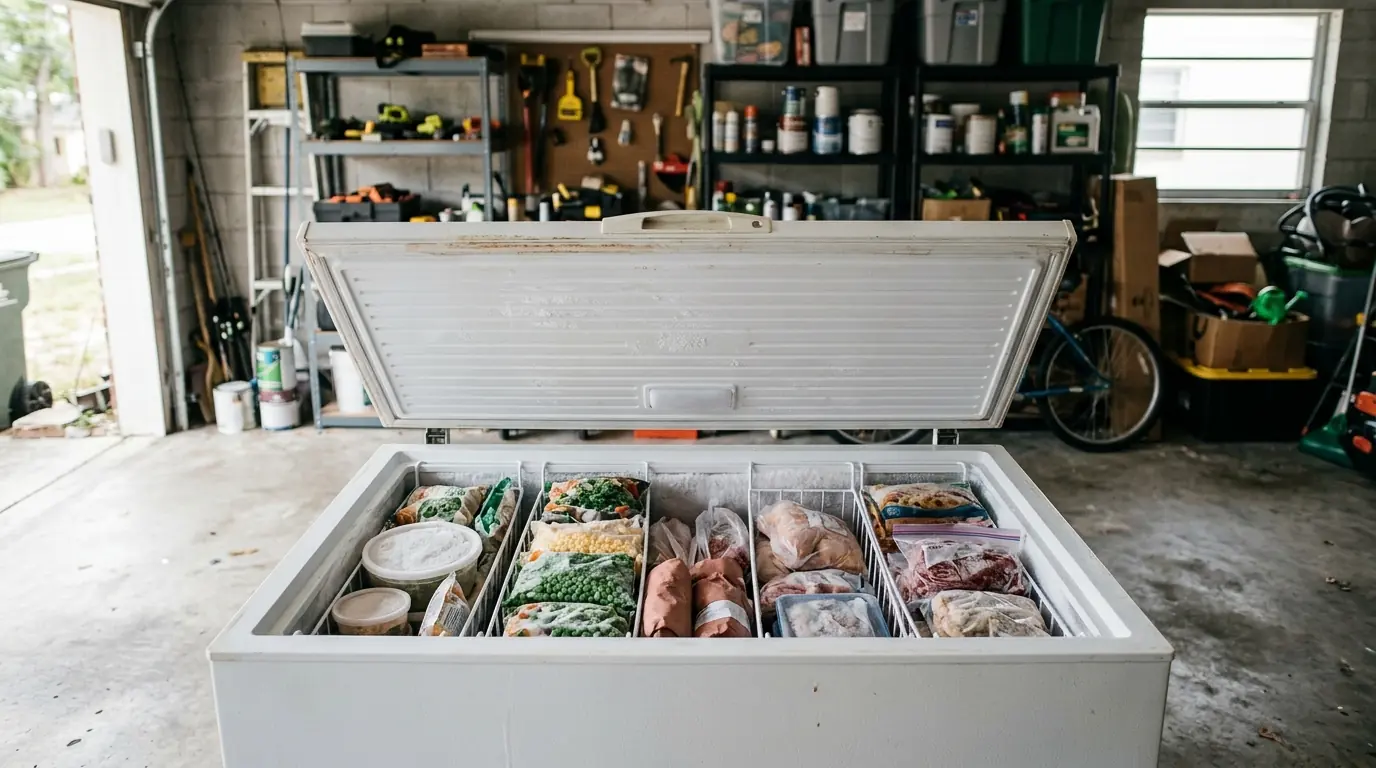 chest freezer open in a Tampa Florida garage with stocked shelves, editorial blog thumbnail, photorealistic