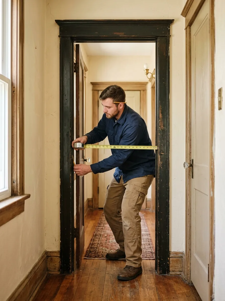 technician measuring a narrow original interior doorway with a tape measure in a 1920s Tampa Florida bungalow, photorealistic