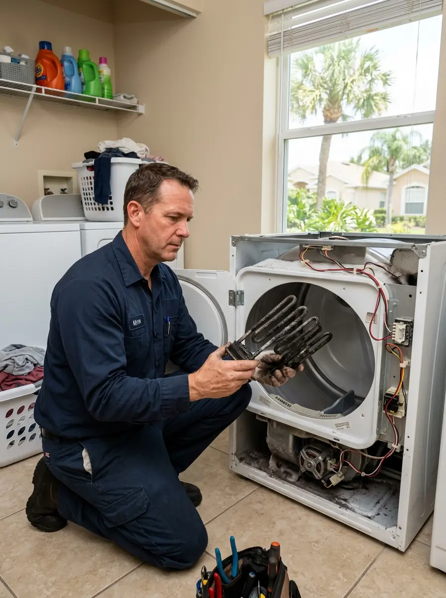 technician holding a failed heating element coil beside an opened electric dryer cabinet in a Tampa Florida laundry room, photorealistic