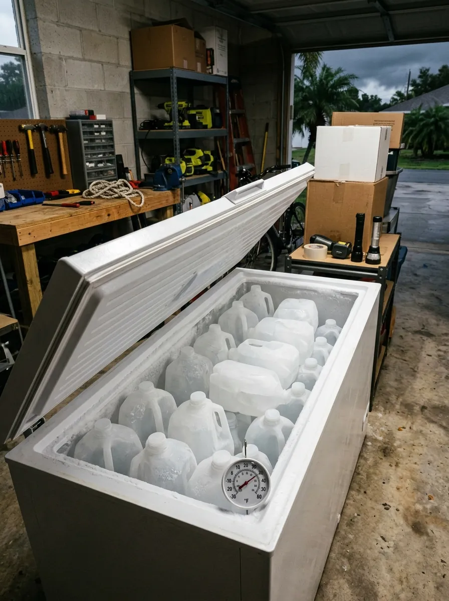 chest freezer packed with frozen water containers with a thermometer visible inside, Tampa Florida garage before a storm, photorealistic