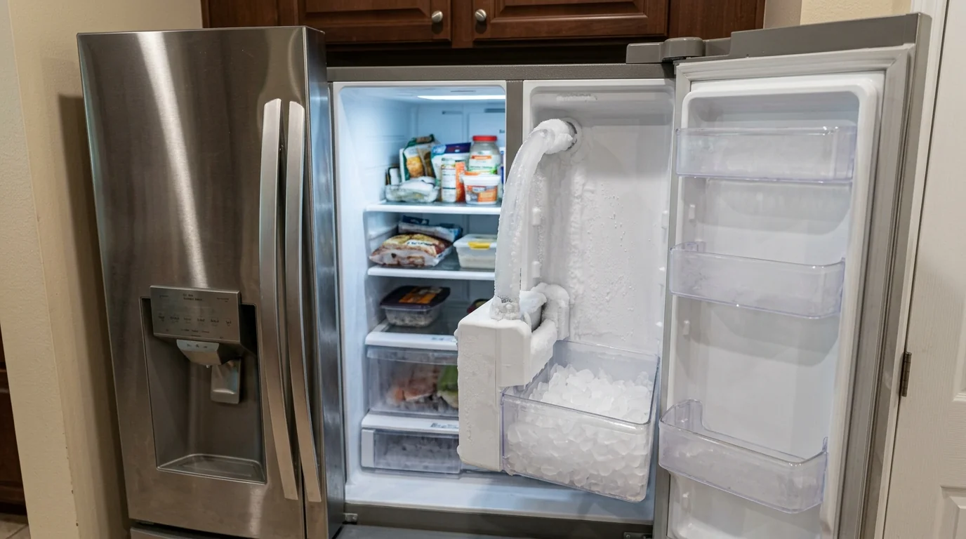 close view of a frozen ice maker fill tube inside a French door refrigerator standing in a narrow pantry alcove in a Westchase Tampa Florida kitchen, photorealistic