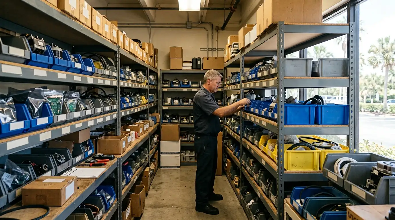appliance service office and parts room in Tampa Florida with shelves of labeled components, photorealistic