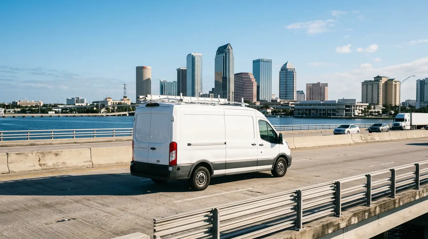 service van crossing a bridge with the Tampa Florida skyline behind it on a bright morning, photorealistic