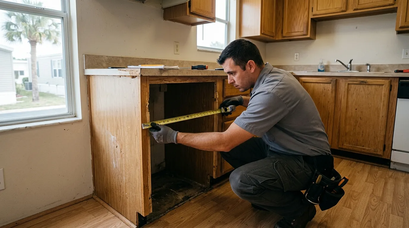 technician measuring a tight appliance cutout in the kitchen of a manufactured home in the Tampa Florida area, tape measure in use, photorealistic